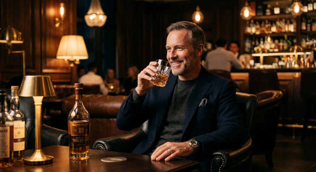 A man enjoying a glass of aged whiskey in a luxury dimly lit lounge, warm ambient light, refined atm