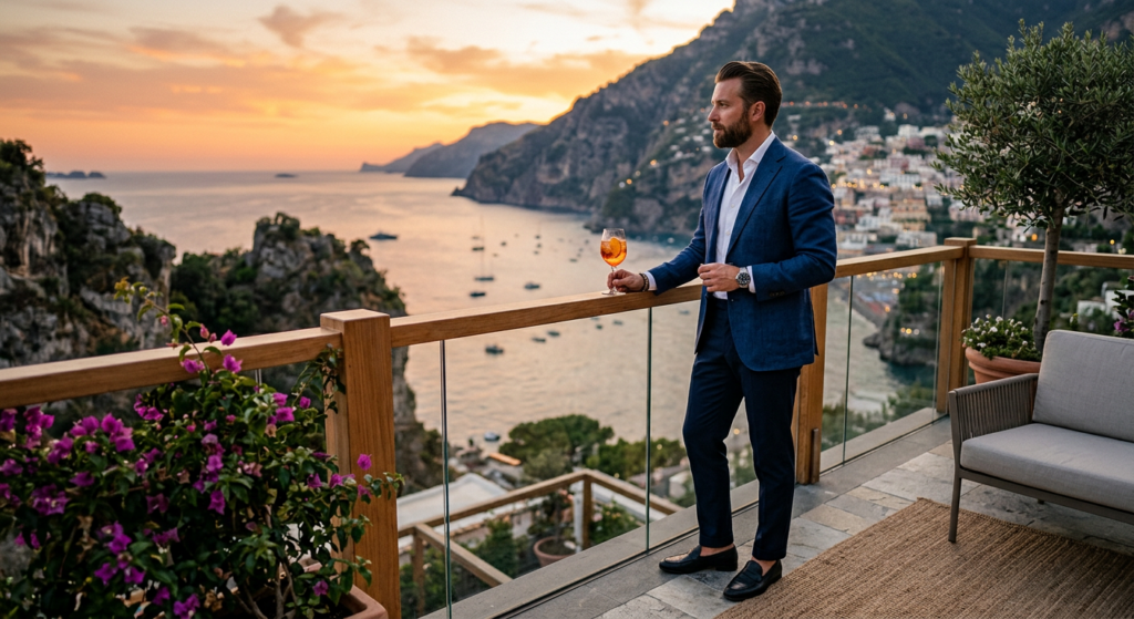 A stylish man standing on a balcony overlooking the sea at sunset, sharp focus, luxury travel and li