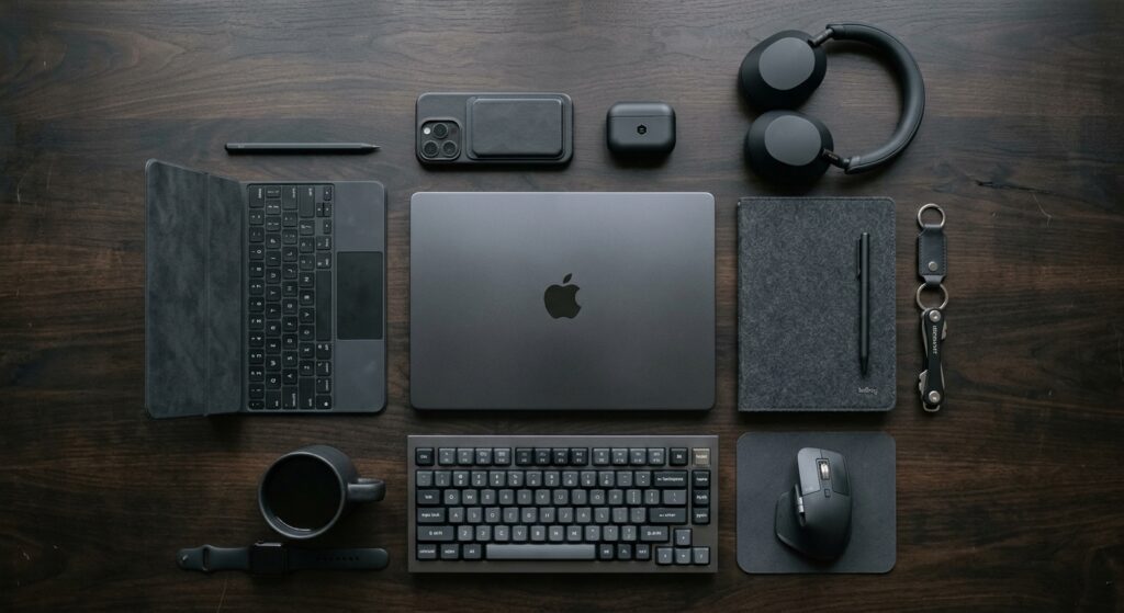 A high-end, editorial-style flat lay featuring a curated selection of sleek 2024 tech gadgets, matte