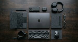A high-end, editorial-style flat lay featuring a curated selection of sleek 2024 tech gadgets, matte