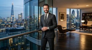 A sophisticated portrait of a confident man in a sharp, modern suit standing in a sleek, high-end of