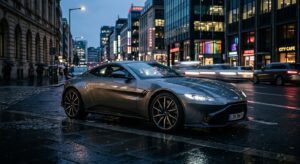 A cinematic, high-end editorial shot of a sleek, modern luxury sports car parked on a dark, wet urba