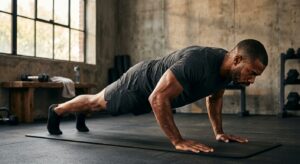 A professional, high-contrast close-up of a fit man performing a perfect push-up in a modern, minima