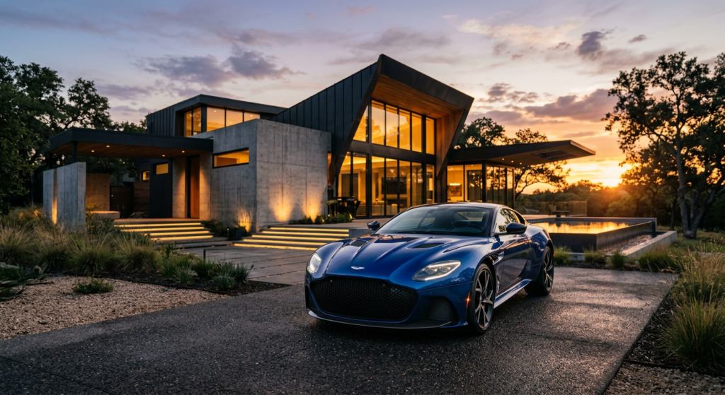A sleek, high-end luxury sports car parked in front of a modern architectural building at sunset, ci
