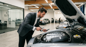 A sleek, professional man inspecting the engine of a pre-owned luxury car in a modern, well-lit gara