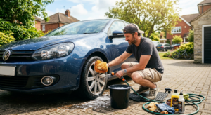 A high-quality, editorial-style photograph of a man meticulously cleaning his car in a well-lit driv