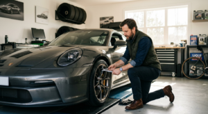 A professional editorial-style shot of a stylish man performing maintenance on a sleek, modern sport