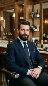 A professional editorial portrait of a stylish, well-groomed man with a perfectly sculpted beard, ca