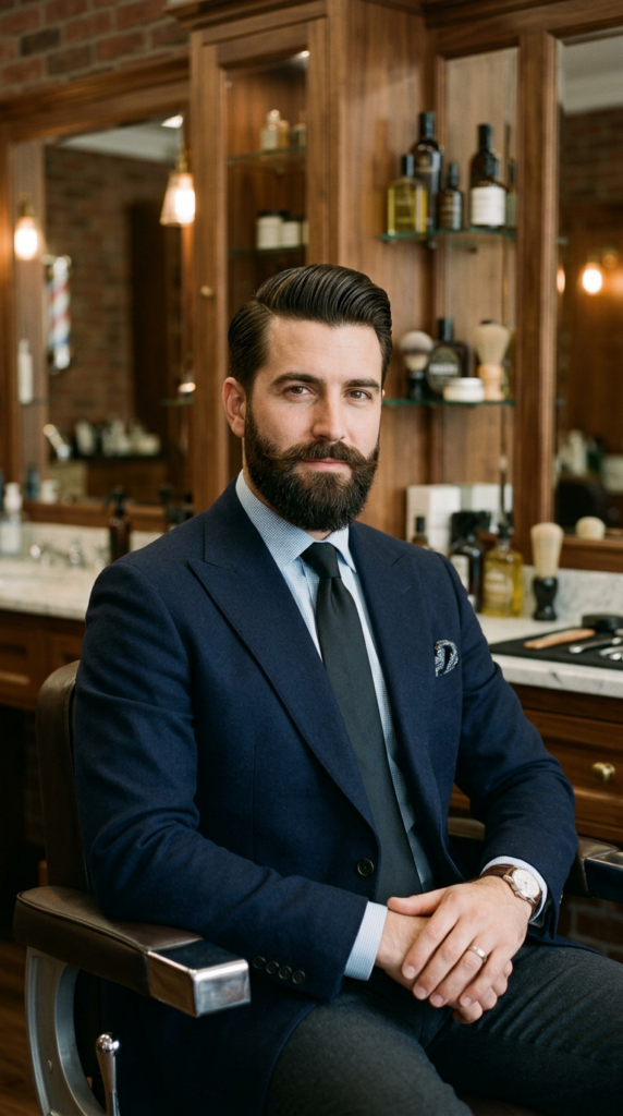 A professional editorial portrait of a stylish, well-groomed man with a perfectly sculpted beard, ca