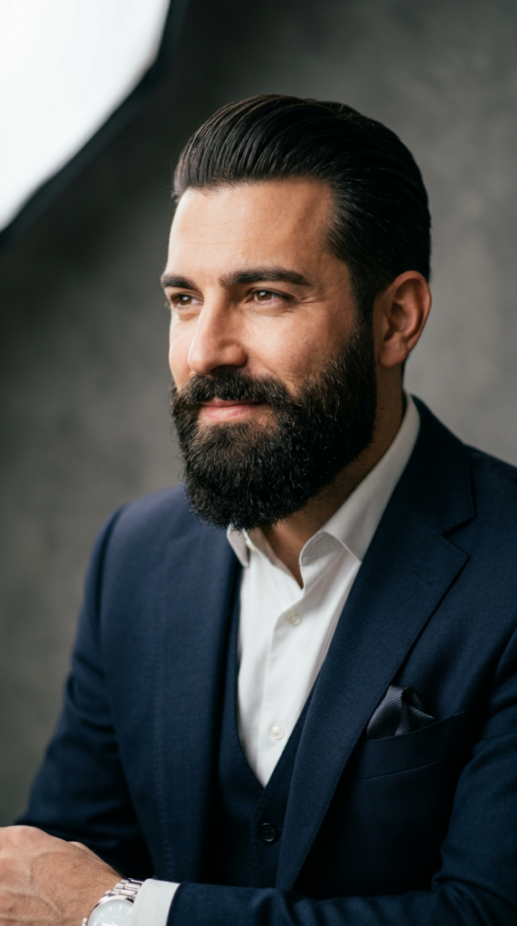 A close-up portrait of a well-groomed, stylish man with a perfectly shaped, thick beard, captured in