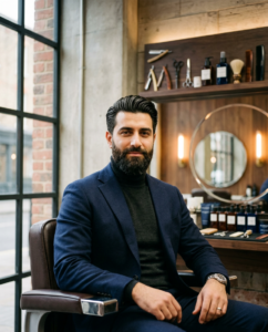A high-end editorial portrait of a well-groomed man with a perfectly styled beard in a modern, minim