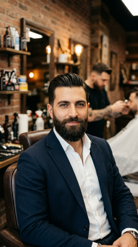 A close-up portrait of a well-groomed man with a perfectly styled beard in a modern, professional ba