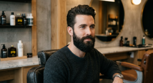 A high-end editorial close-up of a well-groomed man with a perfectly styled beard, captured in a mod