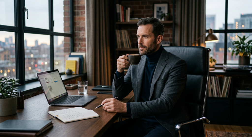A professional man sitting at a desk in a modern, moody office, looking thoughtful while holding a c