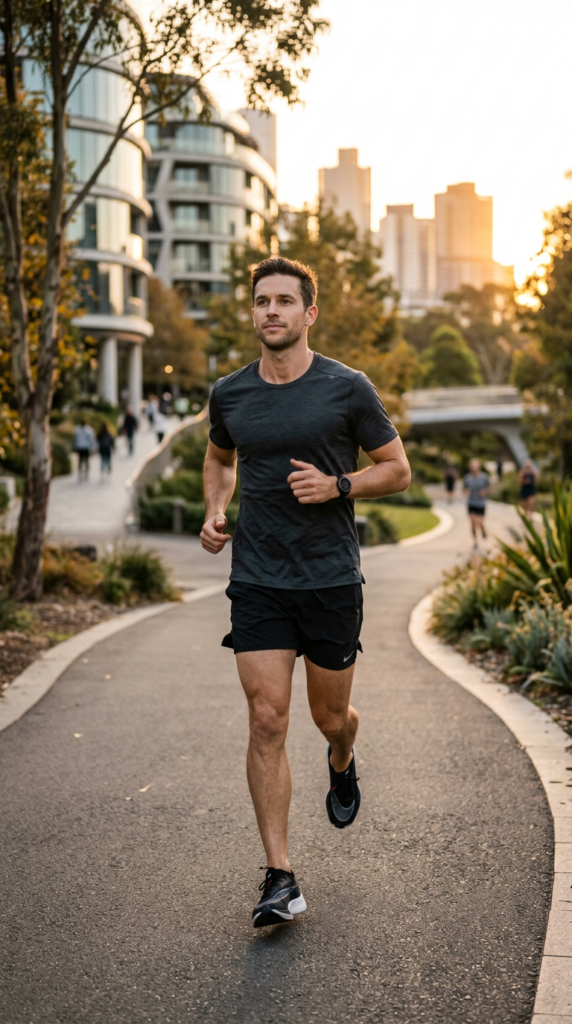 A professional editorial portrait of a fit man in minimalist sportswear looking calm and focused whi