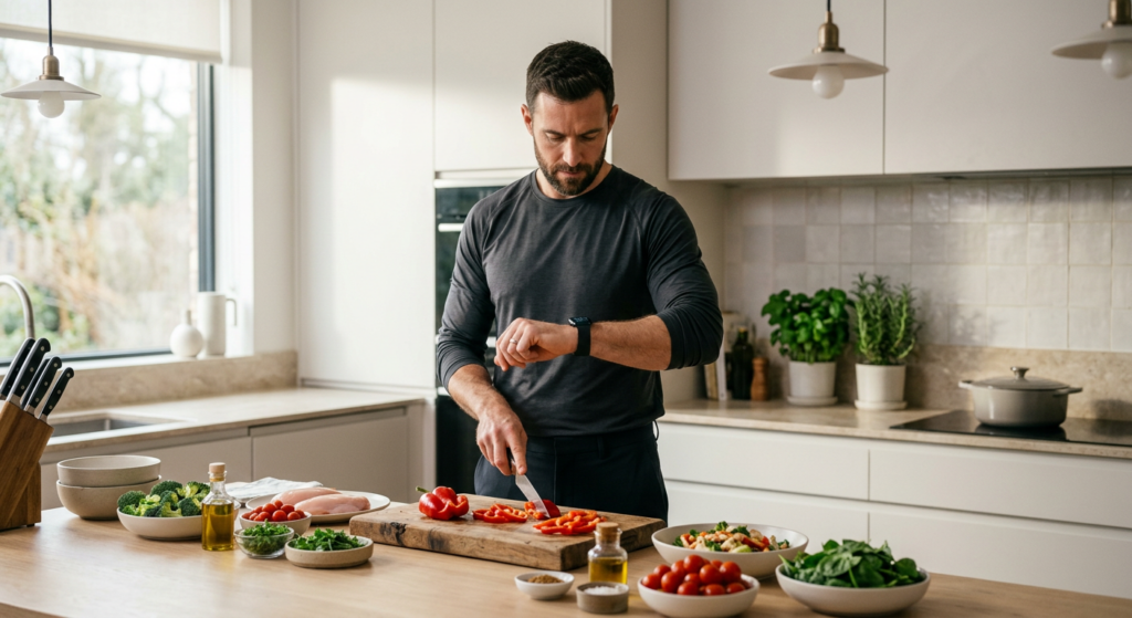 A high-end editorial photograph of a fit man in his 30s looking at a smartwatch while preparing a he