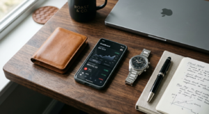A sophisticated, high-angle editorial shot of a modern man's workspace featuring a leather wallet, a