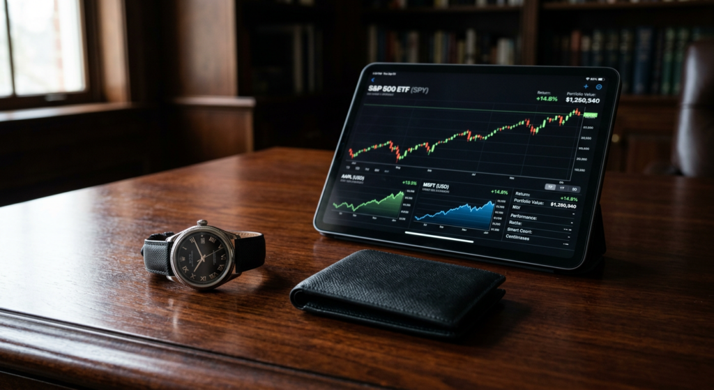 A professional, minimalist composition featuring a sleek leather wallet, a high-end wristwatch, and