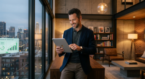 A professional, cinematic shot of a confident man in a sharp business casual outfit looking at a tab