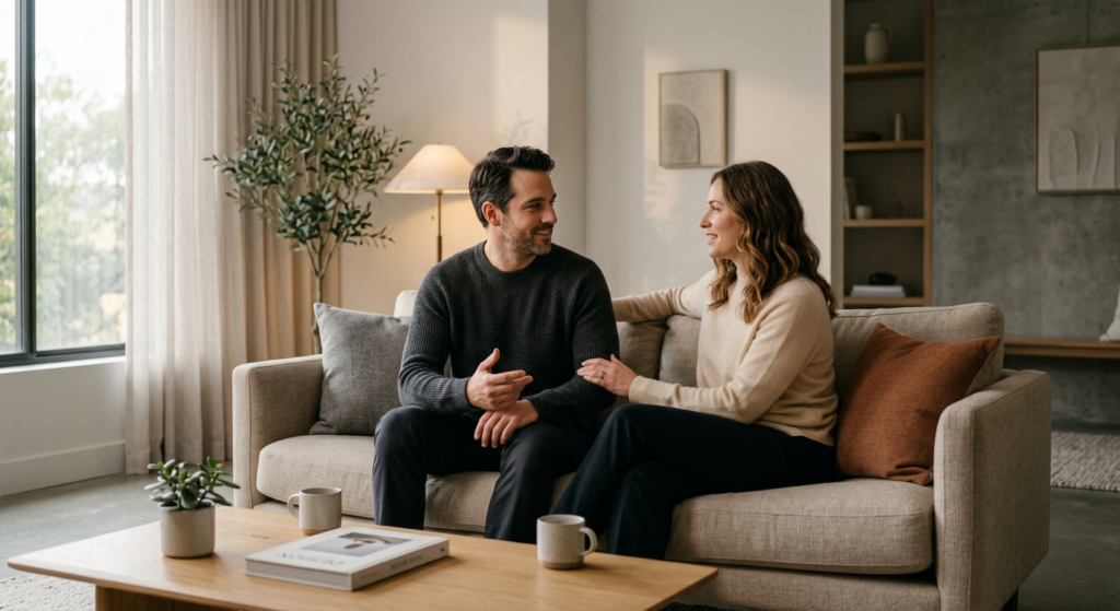 A professional, cinematic shot of a man and a woman sitting on a comfortable couch in a minimalist l