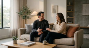 A professional, cinematic shot of a man and a woman sitting on a comfortable couch in a minimalist l