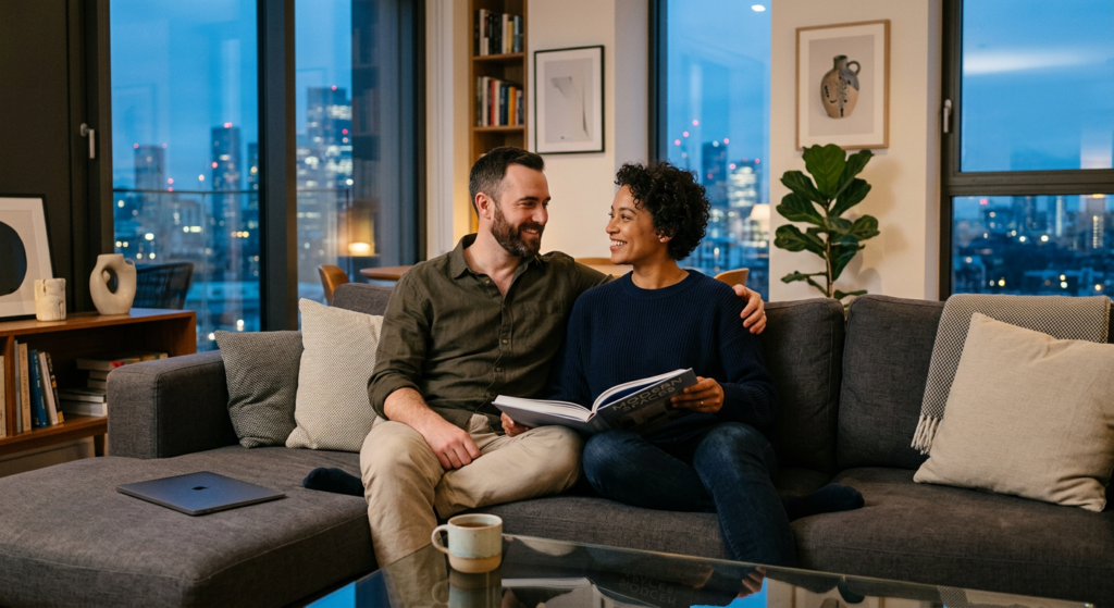 A sophisticated, high-quality editorial photograph of a modern, confident couple sharing a relaxed,
