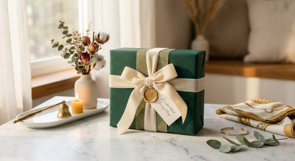 A high-end, editorial-style photograph featuring a beautifully wrapped luxury gift box placed on a m