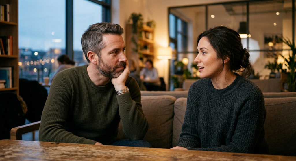 A cinematic, editorial-style portrait of a thoughtful man listening intently to a woman in a soft-li