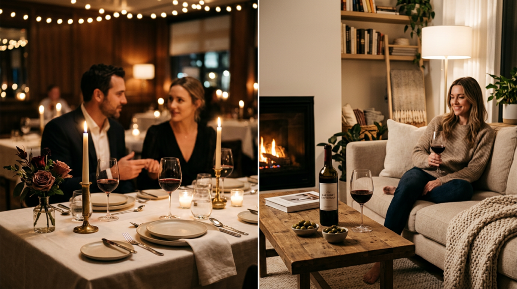 A split-screen composition showing an elegant candlelit restaurant table on one side and a cozy, mod