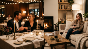 A split-screen composition showing an elegant candlelit restaurant table on one side and a cozy, mod