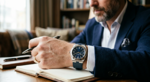 A close-up, editorial-style photograph of a sophisticated man's wrist wearing a high-end luxury mech