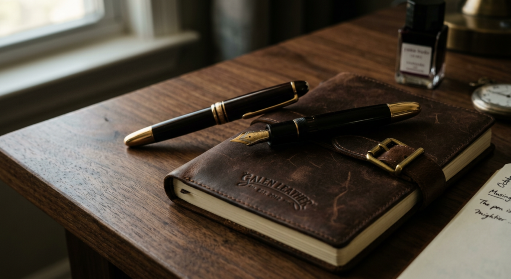 A close-up, high-end editorial photograph of an elegant luxury fountain pen resting on a dark walnut