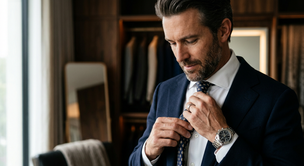 A sophisticated close-up of a well-dressed man adjusting a high-quality silk tie on a crisp white dr