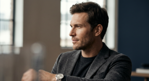 A high-end editorial close-up of a confident man’s profile, featuring sharp lighting, clean aestheti