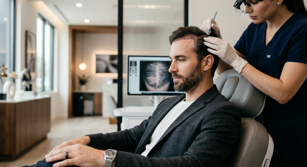 A professional, high-end editorial shot of a man in a modern clinic environment, focusing on a close