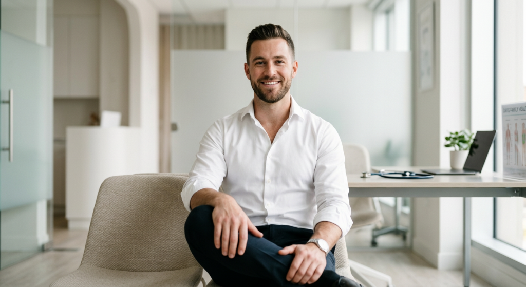 A professional, high-end editorial shot of a well-groomed man in a crisp white shirt, captured in a