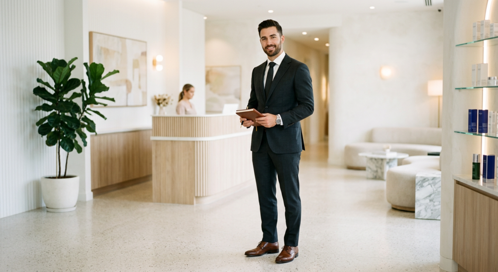 A high-end editorial photograph of a fit, well-groomed man in his late 20s wearing a modern, tailore