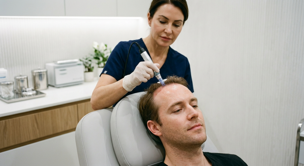 A professional, high-end editorial shot of a man in a modern clinic setting undergoing a scalp micro