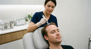 A professional, high-end editorial shot of a man in a modern clinic setting undergoing a scalp micro