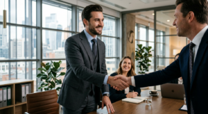 A professional, stylish man in a modern office interior confidently shaking hands during a business
