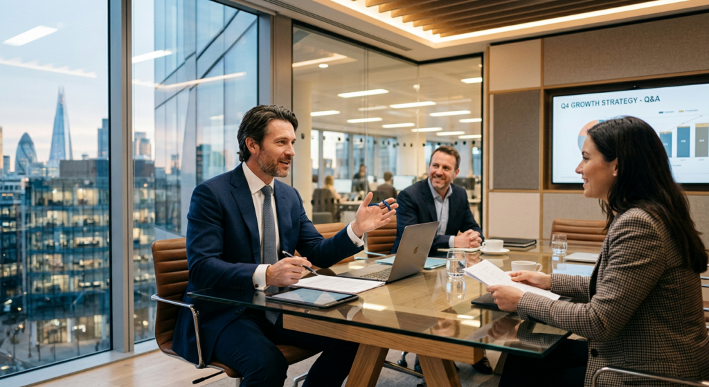 A confident professional man in a sharp suit engaged in a collaborative discussion in a modern, high