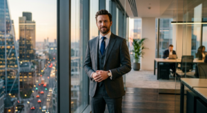A sophisticated, professional portrait of a confident man in a sharp suit standing in a modern, high