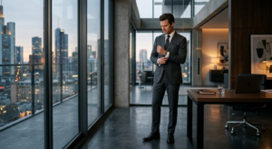 A sophisticated, high-end editorial shot of a confident modern man in a sharp suit adjusting his cuf