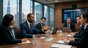 A confident professional man in a tailored suit participating in a sleek, modern office boardroom ne