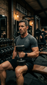 A high-quality, cinematic portrait of a fit, confident man in his 40s wearing athletic gear, trainin