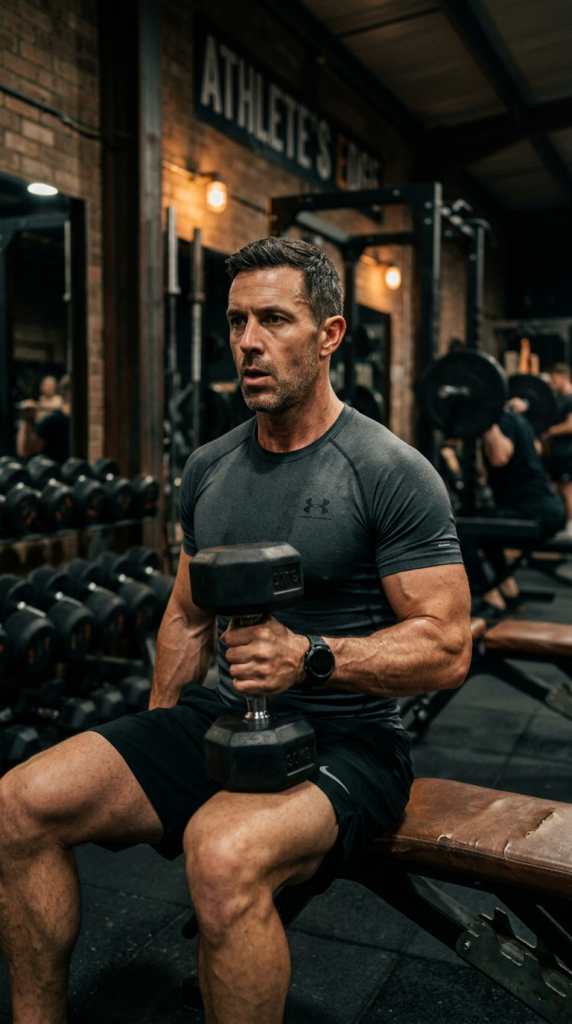 A high-quality, cinematic portrait of a fit, confident man in his 40s wearing athletic gear, trainin