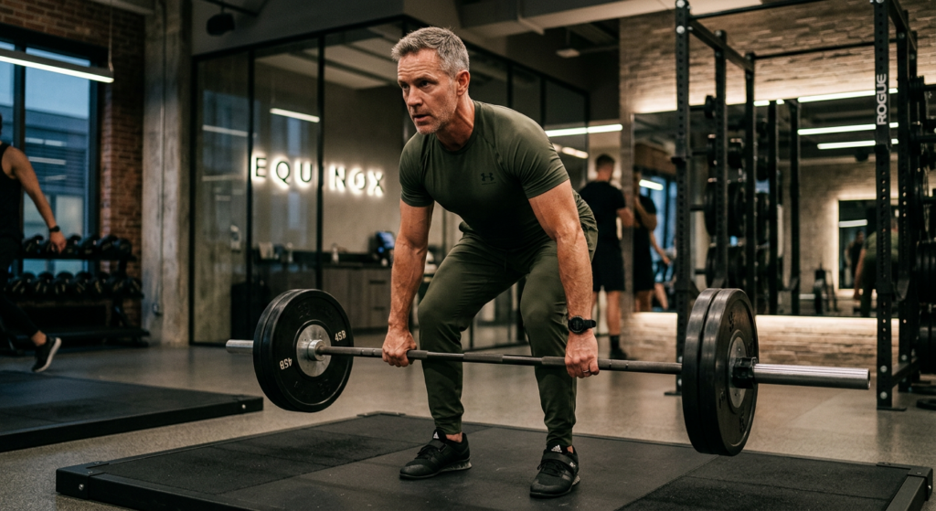 A fit, middle-aged man in stylish athletic wear confidently focusing on a workout in a sleek, modern