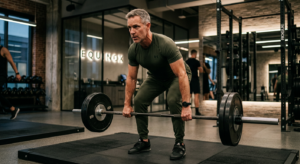A fit, middle-aged man in stylish athletic wear confidently focusing on a workout in a sleek, modern