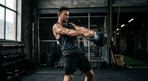 A cinematic, high-contrast shot of a focused athletic man training with heavy kettlebells in a moder