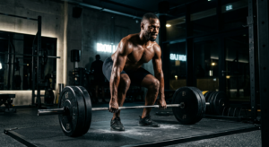 A high-contrast cinematic shot of a focused, athletic man training in a modern, moody gym, captured